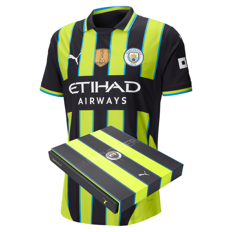เสื้อแมนเชสเตอร์ ซิตี้ 2024 2025 ทีมเยือน Away Authentic เวอร์ชั่นนักเตะ อาร์มทองพรีเมียร์+อาร์ม World Champions ในกล่องของขวัญของแท้